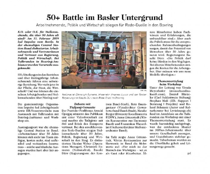 Dieses Foto zeigt den Artikel über unsere 50 Plus-Veranstaltung in der Basler Woche 