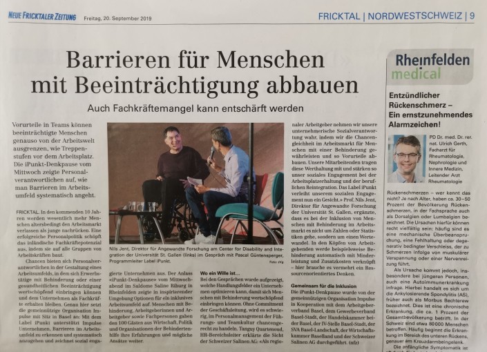 Artikel über die iPunkt-Denkpause in der Neuen Fricktaler Zeitung.
