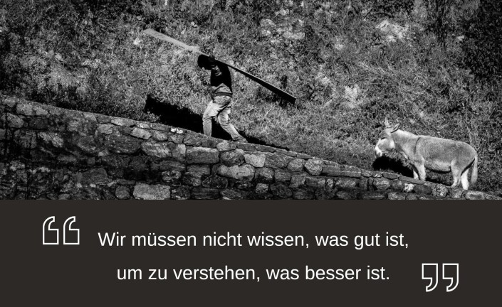 Mann träg ein Brett auf dem Kopf und geht vor einem unbepackten Esel auf einem schmalen Pfad aufwärts. Darunter steht folgendes Zitat geschrieben: