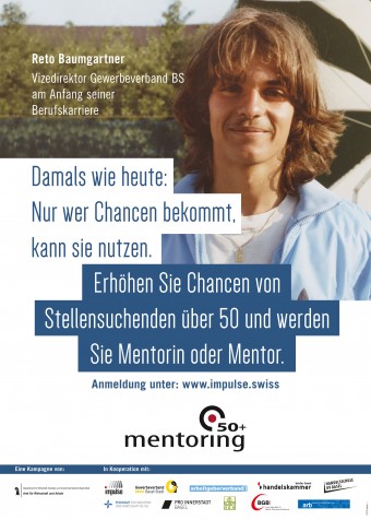 Das Foto eines der Plakate. Darauf ist Reto Baumgartner, Vizedirektor Gewerbeverband Basel-Stadt  am Anfang seiner Berufskarriere zu sehen.